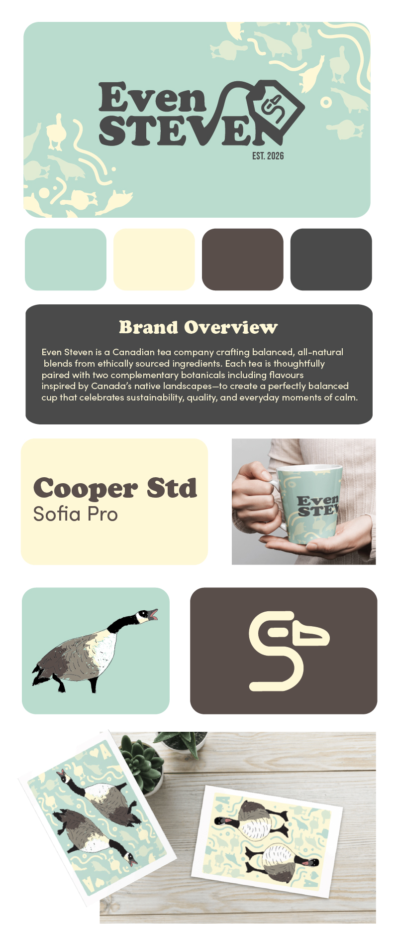 Even Steven tea company mini branding case study showing the logo, colour palette, typography, illustration system, mug mockup and playing-card designs